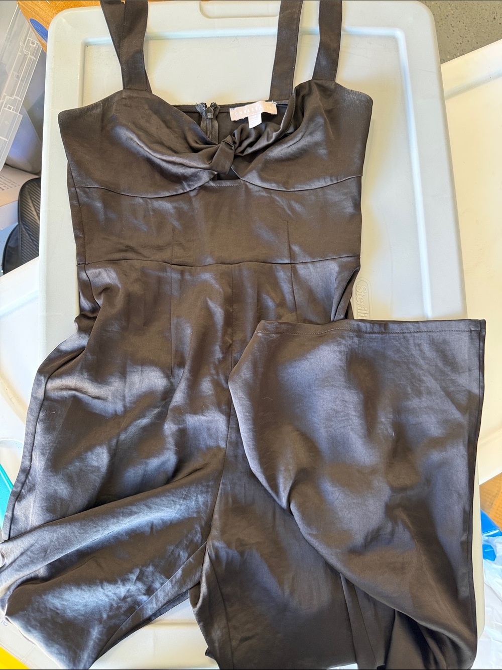 Chelsea28 Black Satin Wide-Leg Jumpsuit with Knot Detail